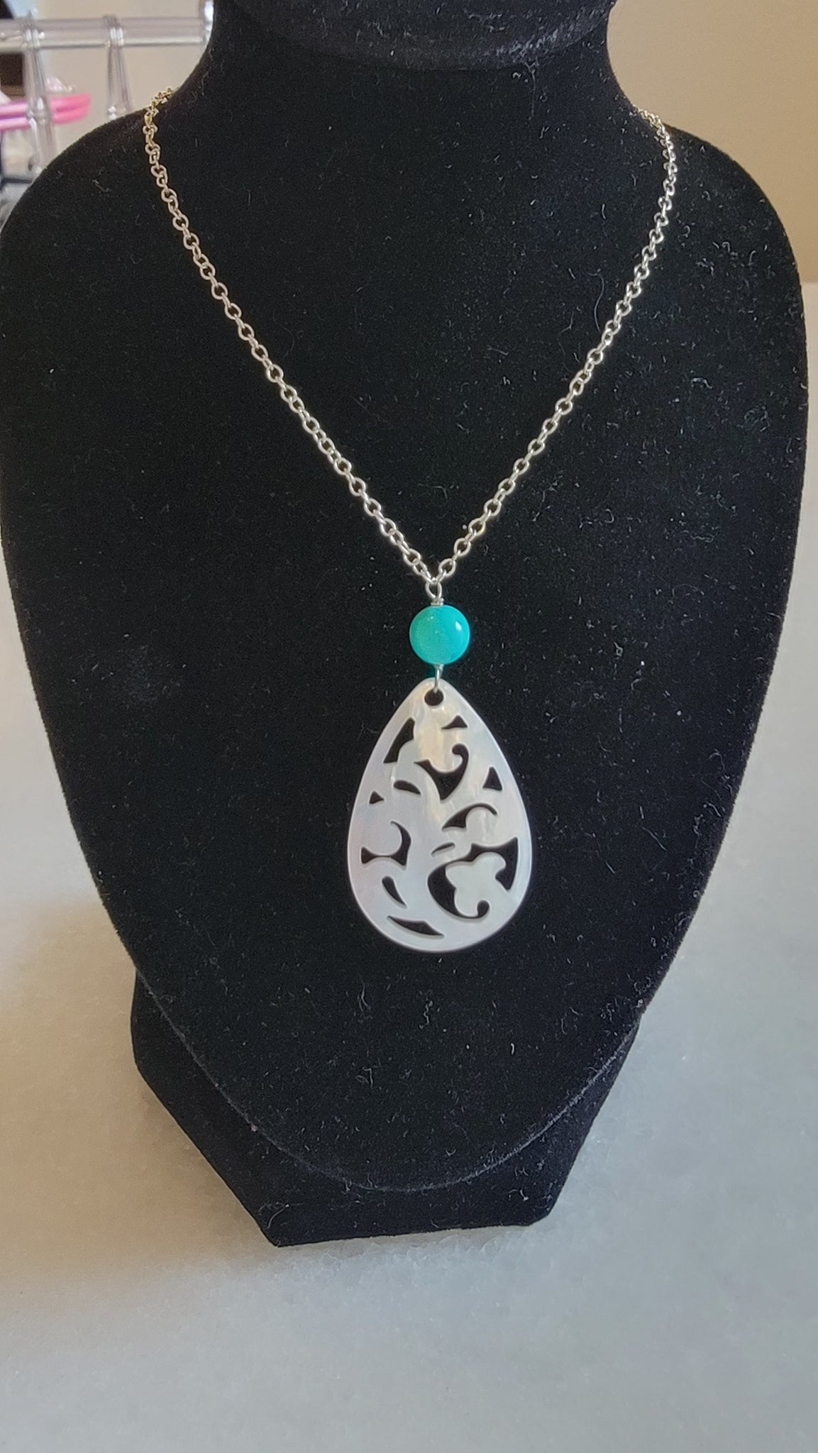 Carved Mother of Pearl and Turquoise Necklace