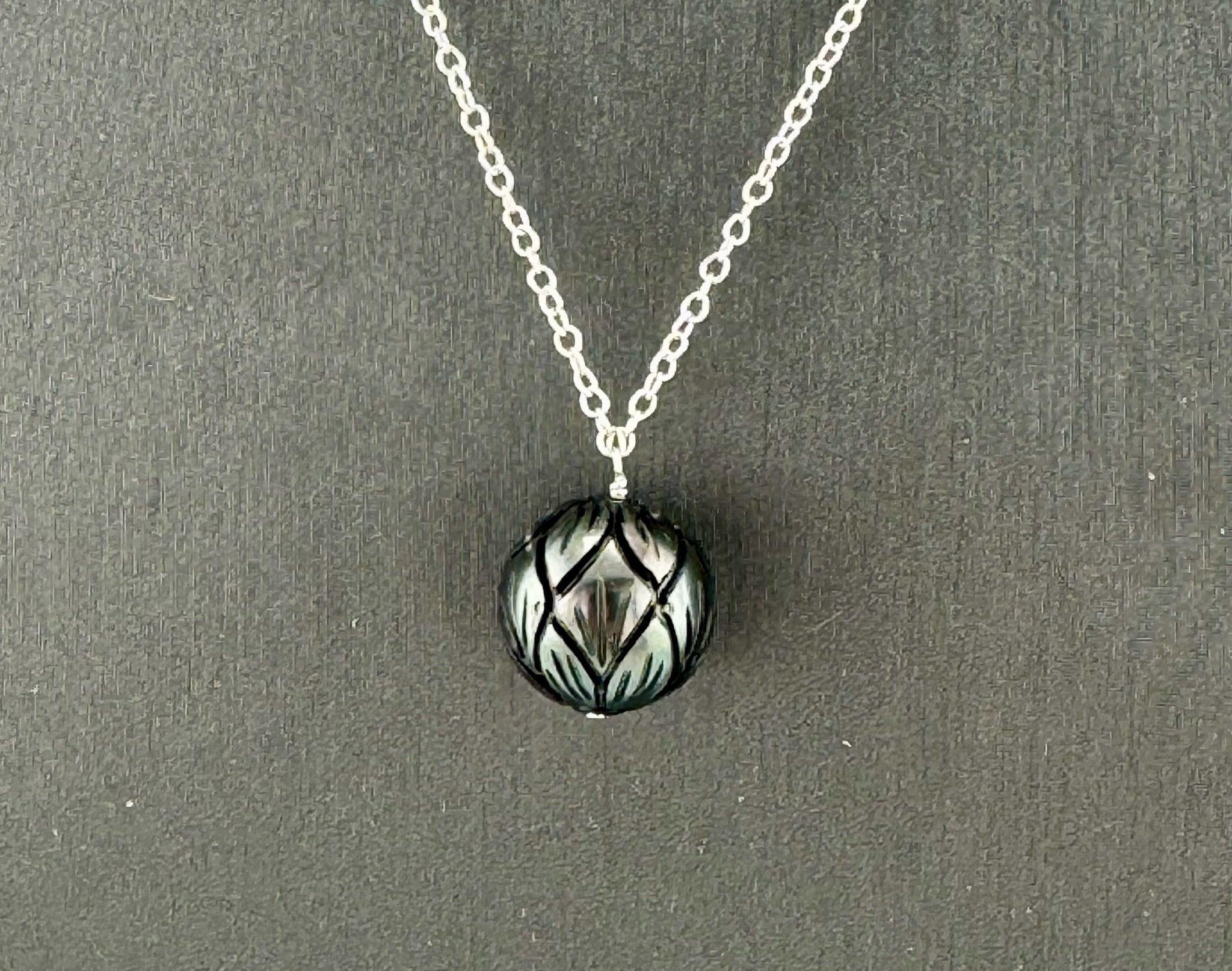 Single Carved Tahitian Black Pearl Necklace