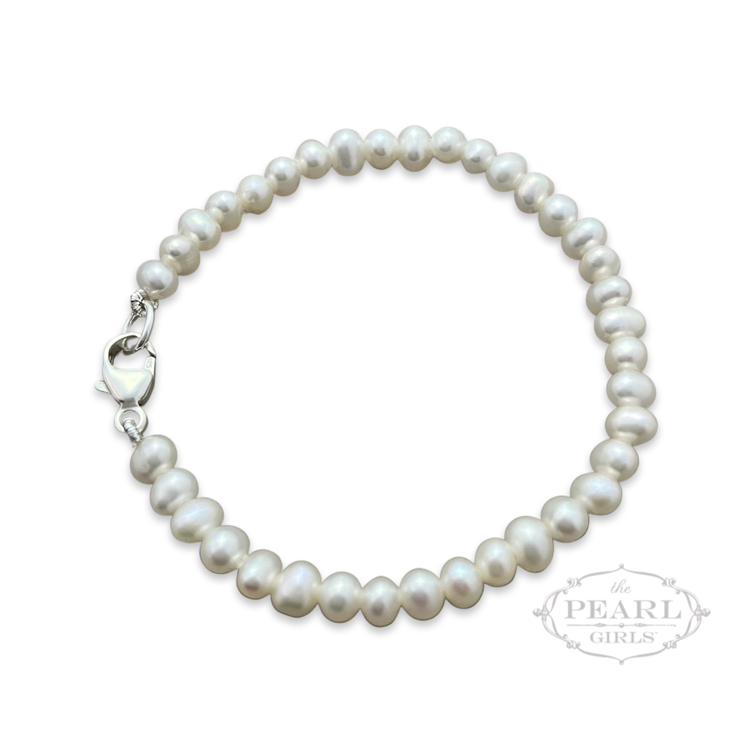 White Pearl Bracelet with Sterling Silver Cross Charm – Baby Crystals