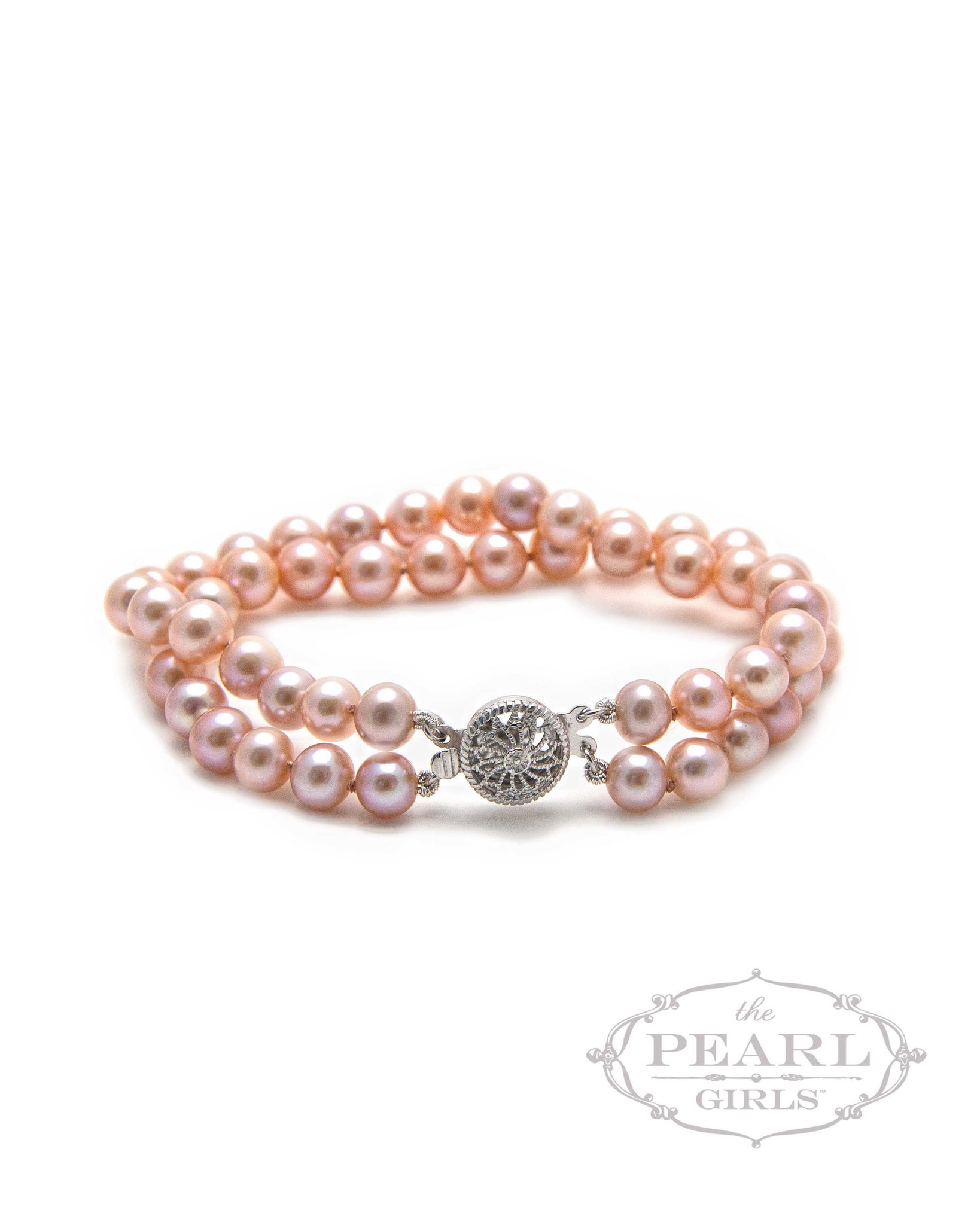 classic double strand pink pearl bracelet, the pearl girls, southern pearl jewelry, essential pearl jewelry, real pearl jewelry, cultured pearl bracelet, blush pink pearls, freshwater pearls, hand knotted pearl jewelry