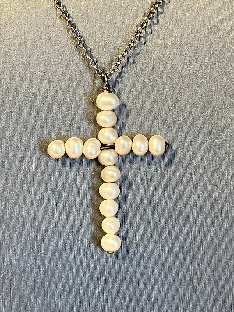 Petite Pearl Cross Necklace