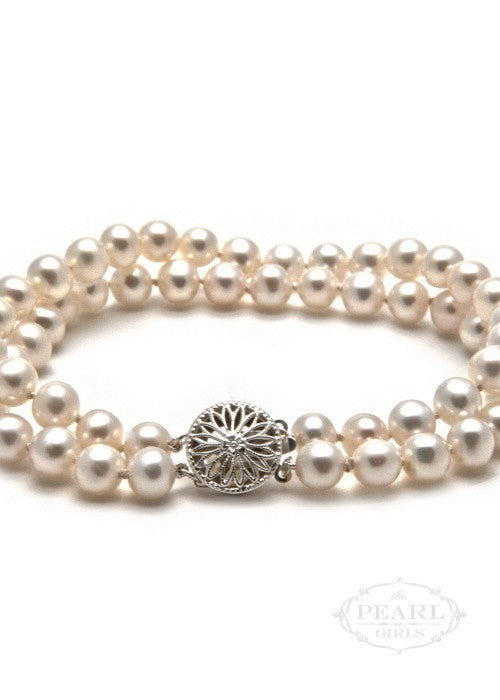 classic cultured pearl bracelet, the pearl girls, southern pearl jewelry, double strand white pearl bracelet, bridal pearl jewelry, handmade in the USA pearl necklace, essential pearls, timeless pearl jewelry