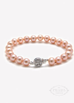 classic single strand pink pearl bracelet, the pearl girls, southern pearl jewelry, colored pearl jewelry, essential classic pearl jewelry, hand knotted real pearl bracelet, american made pearl jewelry