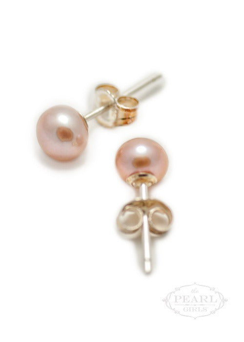 small pink pearl stud earrings, the pearl girls, southern pearl jewelry, cultured 5mm button pearl earrings, pearl for young girls, first pearl earrings, classic pearl earrings, pearl jewelry for gifts, affordable pearl real pearl earrings